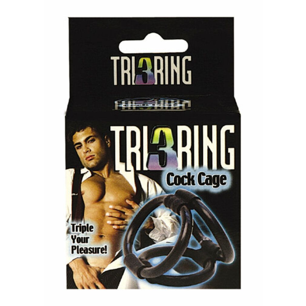 Schwarzer Tri Ring Cock Cage. Produktverpackung mit Produktname und Abbildung eines Mannes.