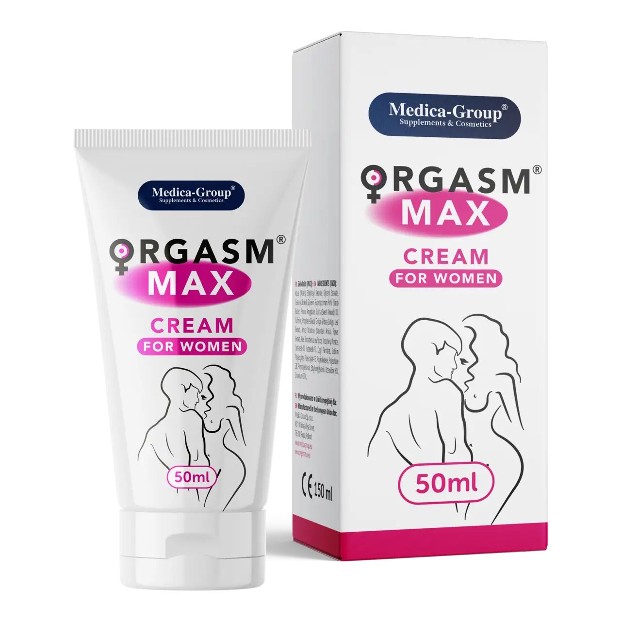 Produkt-Tube und Schachtel nebeneinander. Text: ORGASM MAX CREAM FOR WOMEN, 50ml. Illustrationen von Paaren. Logo Medica-Group.
