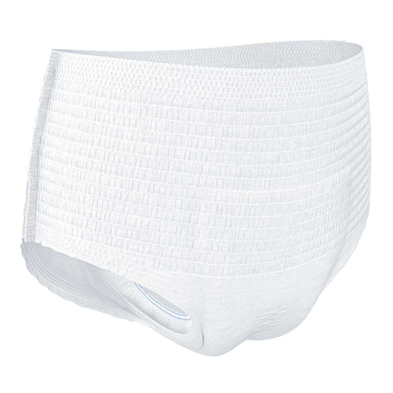 Weiße TENA Pants Plus. Vorneansicht. Anatomisch geformt. Elastische Beinbündchen. Texturierte Oberfläche.