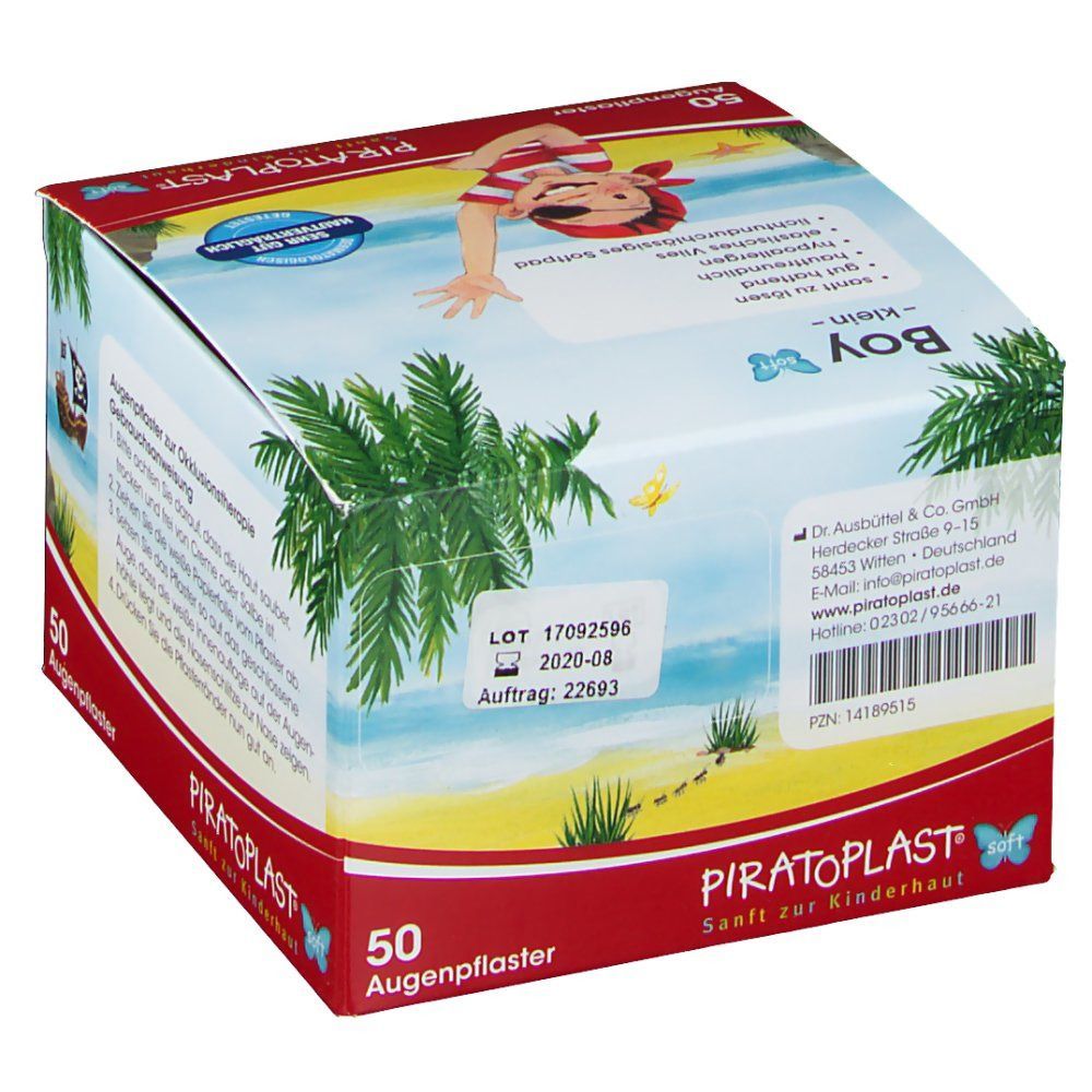 PIRATOPLAST® Boy soft klein-Box mit 50 Augenpflastern. Verpackung mit Piratenmotiv, Strandhintergrund und Produktinformationen.