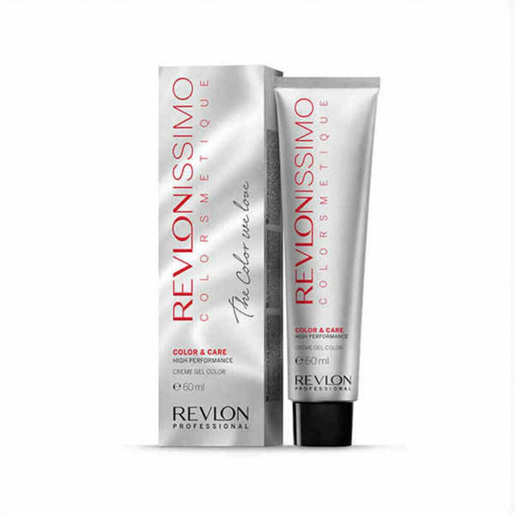 Haarfarbe Revlonissimo Colorsmetique. Tube und Schachtel in Silber. Text: Color & Care, Creme Gel Color, 60ml. Revlon Professional.