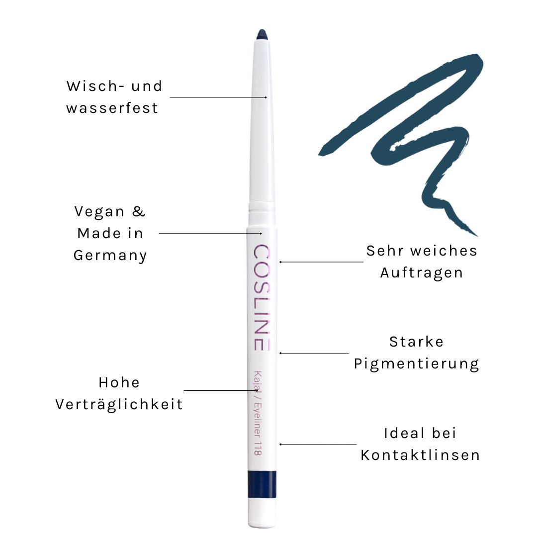 Weißer Kajal-Eyeliner von Cosline, dunkelblau. Text: "Wisch- und wasserfest", "Vegan & Made in Germany".