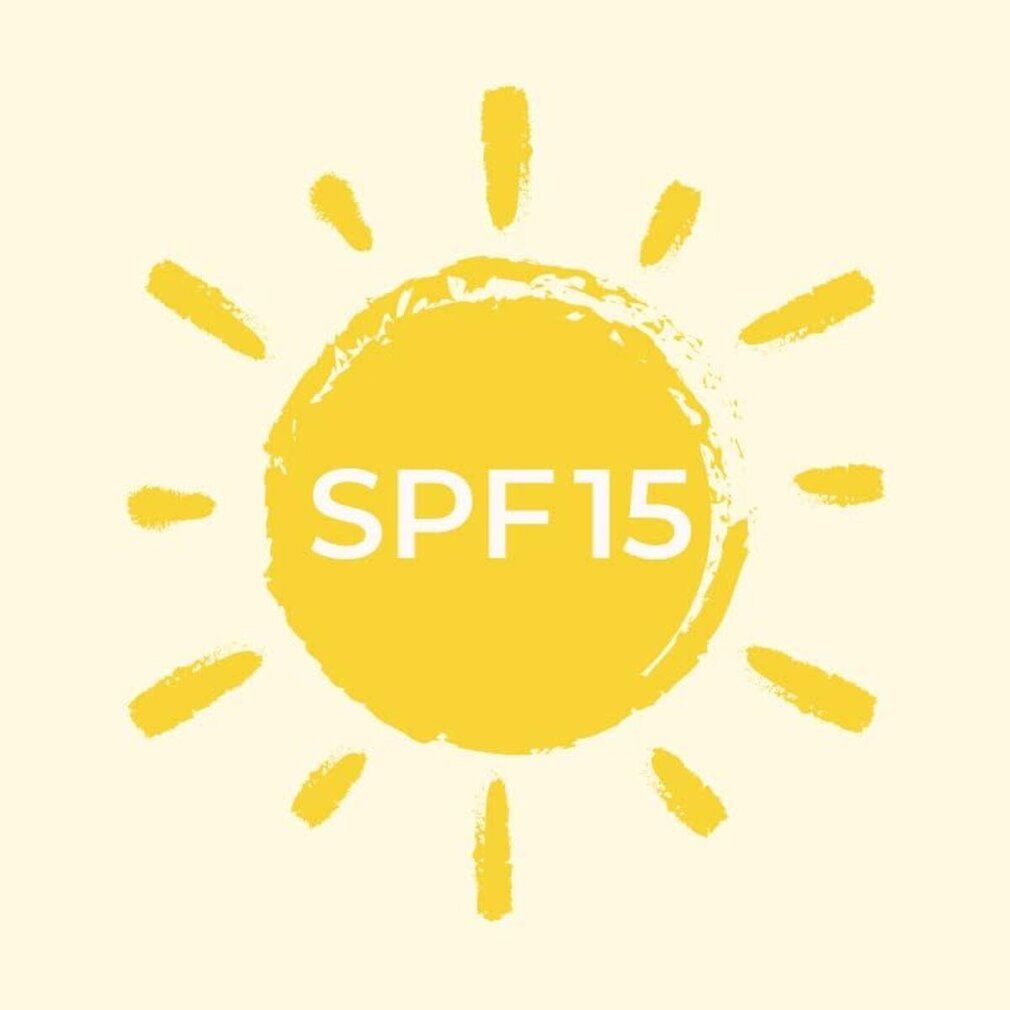 Gelbe Illustration einer Sonne mit der Aufschrift SPF 15. Einfaches Design, gelber Hintergrund.