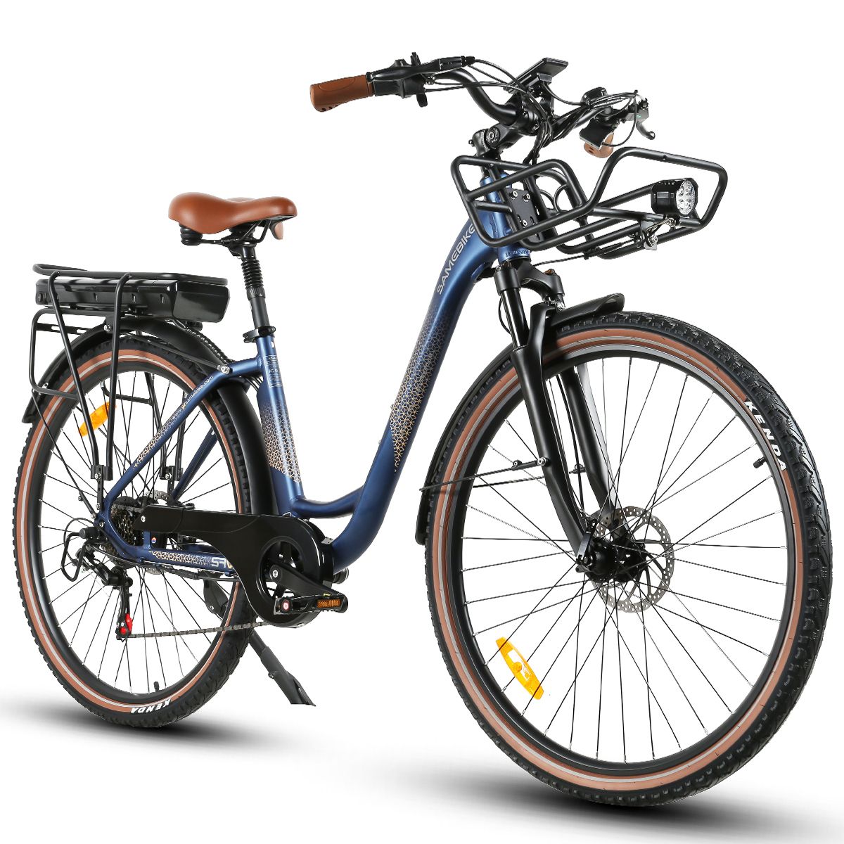 Blaues Elektrofahrrad mit braunem Sattel und Lenker. Korb vorne, Gepäckträger hinten. Schwarze Reifen mit beigen Seiten.