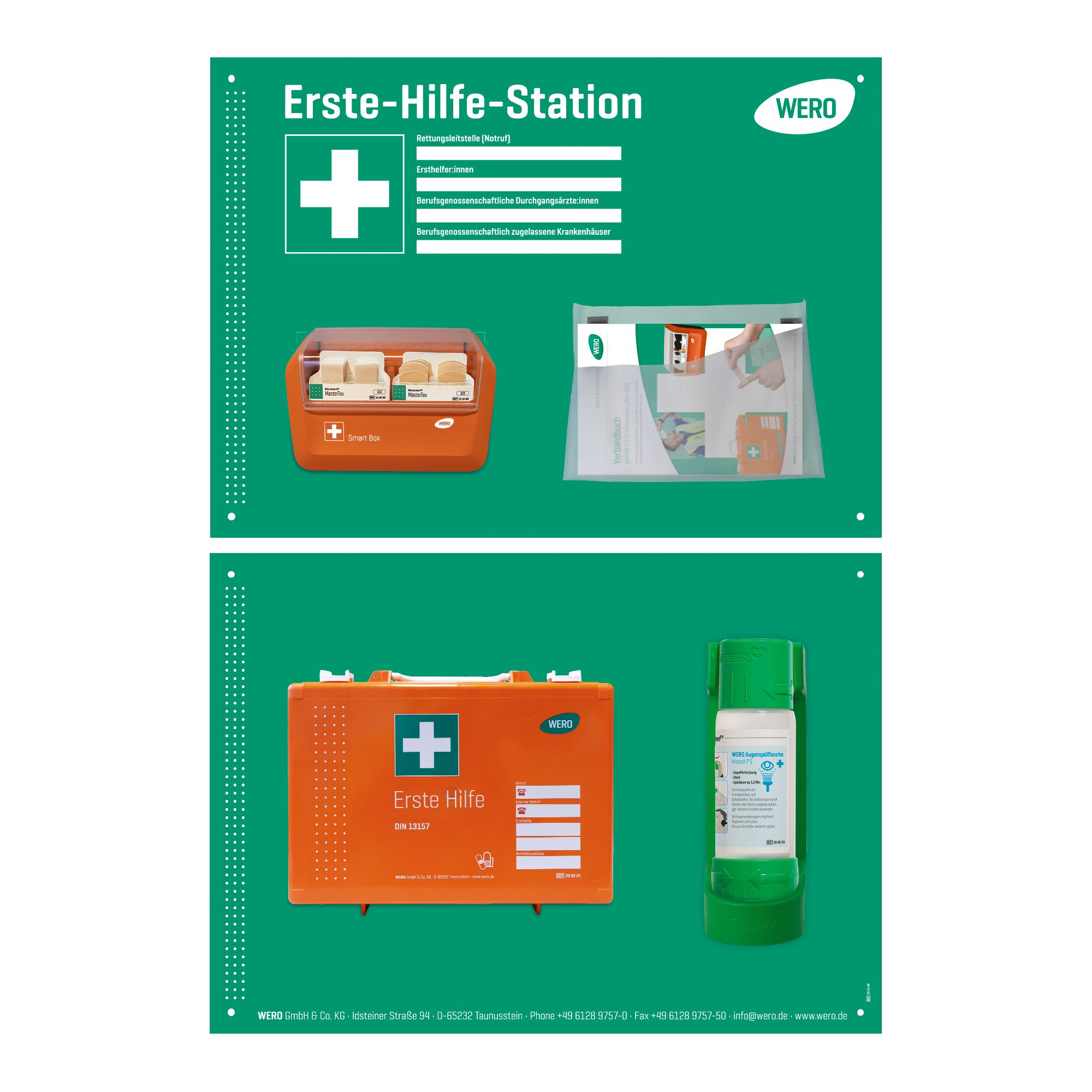 Erste-Hilfe-Station Pro Komplett-Set. Orangefarbene Box mit weißem Kreuz. Grüne Flasche. Transparente Tasche mit Inhalt. WERO Logo.