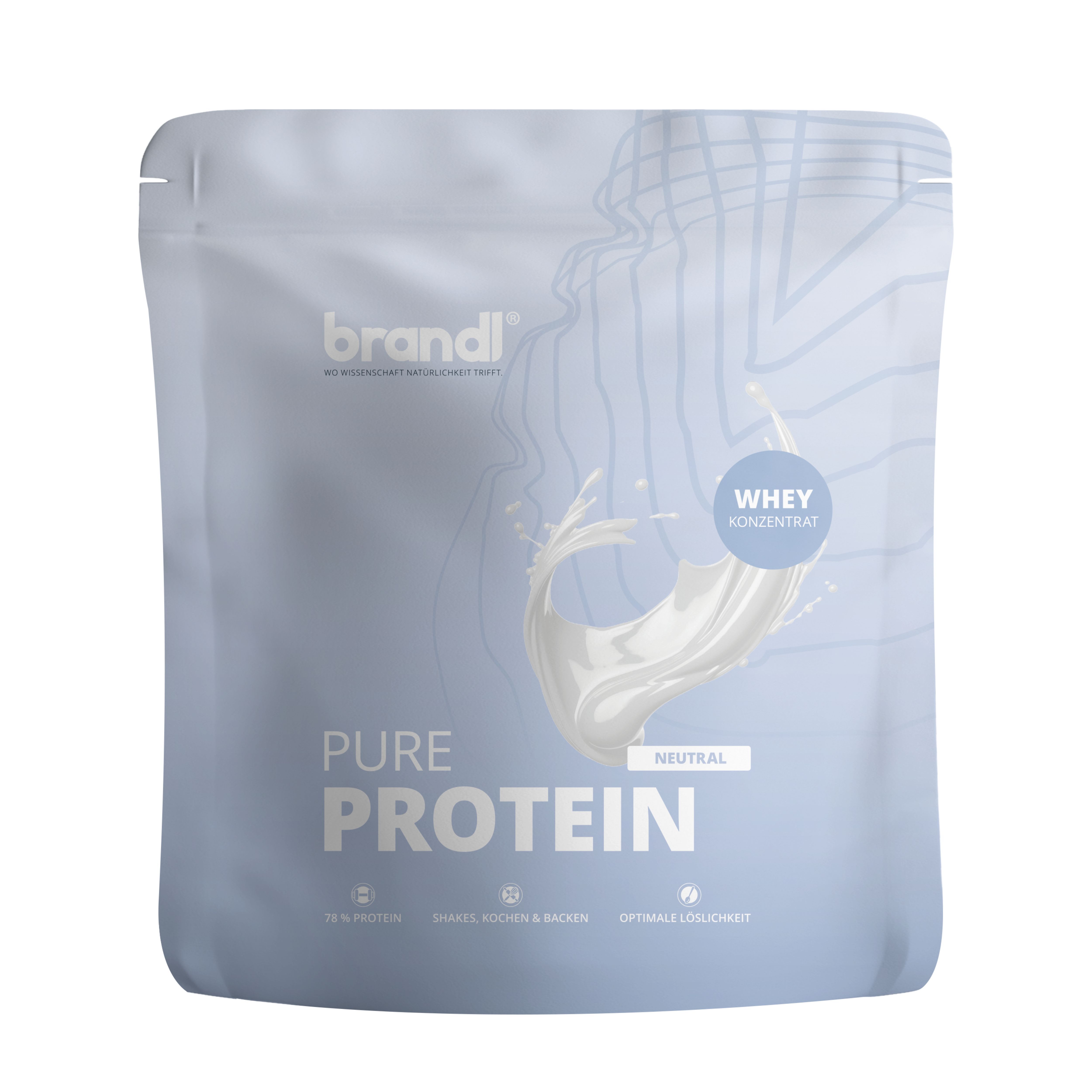 Beutel brandl® Pure Protein, weiß-blau. Aufschrift: Pure Protein, Whey Konzentrat, neutral.