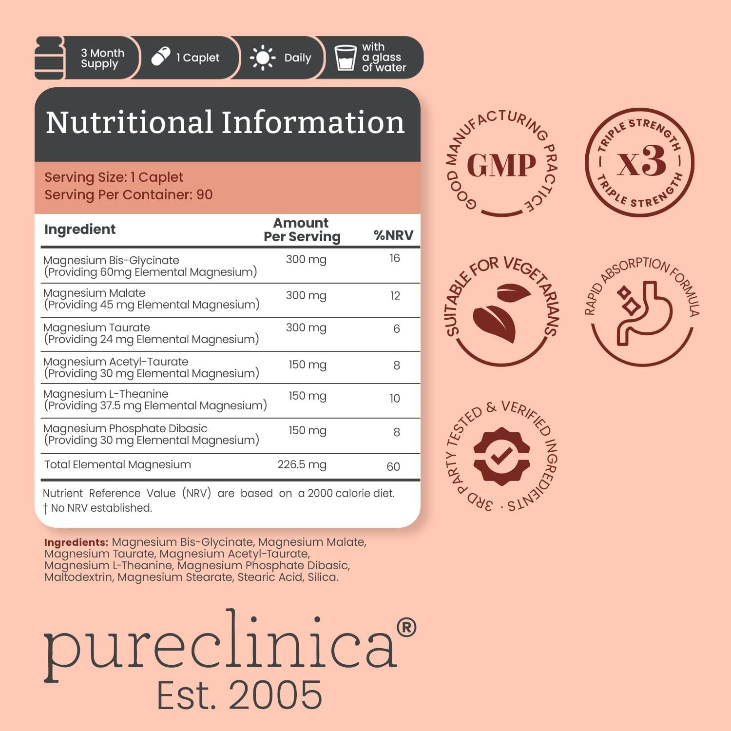 Nährwertangaben für Pureclinica Magnesium Komplex Tablette. Enthält Magnesium Bis-Glycinat, Malat, Taurat, Acetyl-Taurat, L-Theanin, Phosphat.