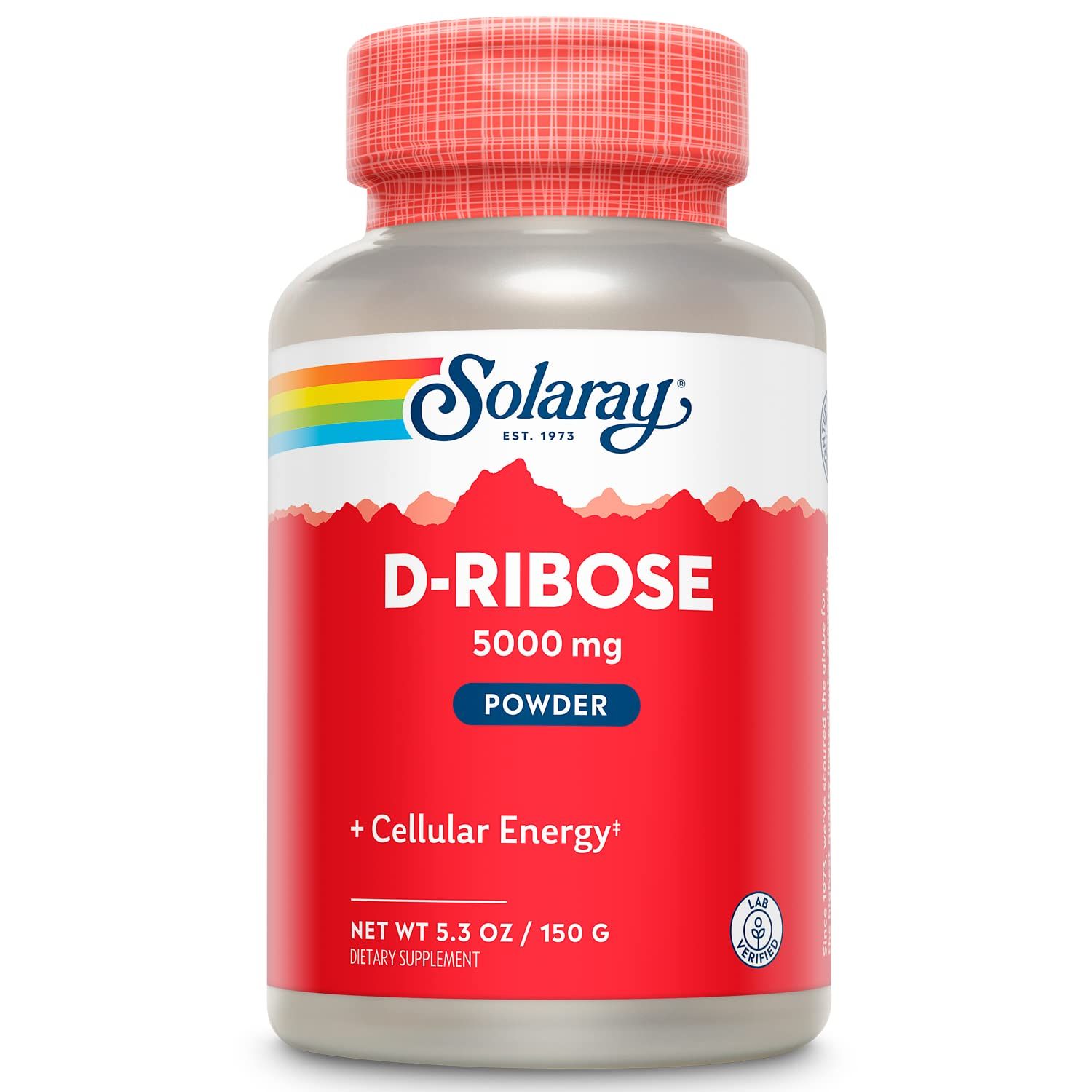 Rote Dose mit weißem Deckel. Aufschrift: Solaray, D-Ribose 5000 mg, Pulver. Enthält 150g. Mit + Cellular Energy.