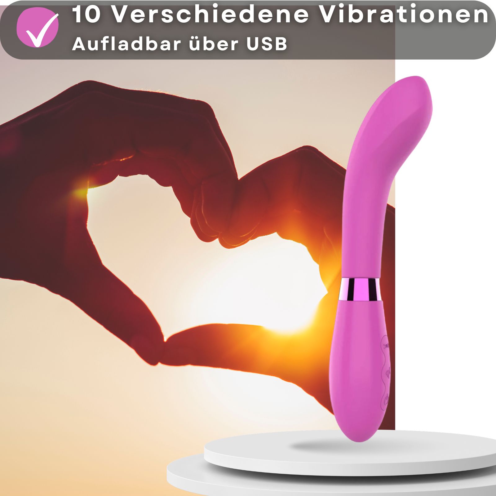 Pinkfarbener Vibrator. Hände formen Herz. Text: 10 Vibrationen, USB.