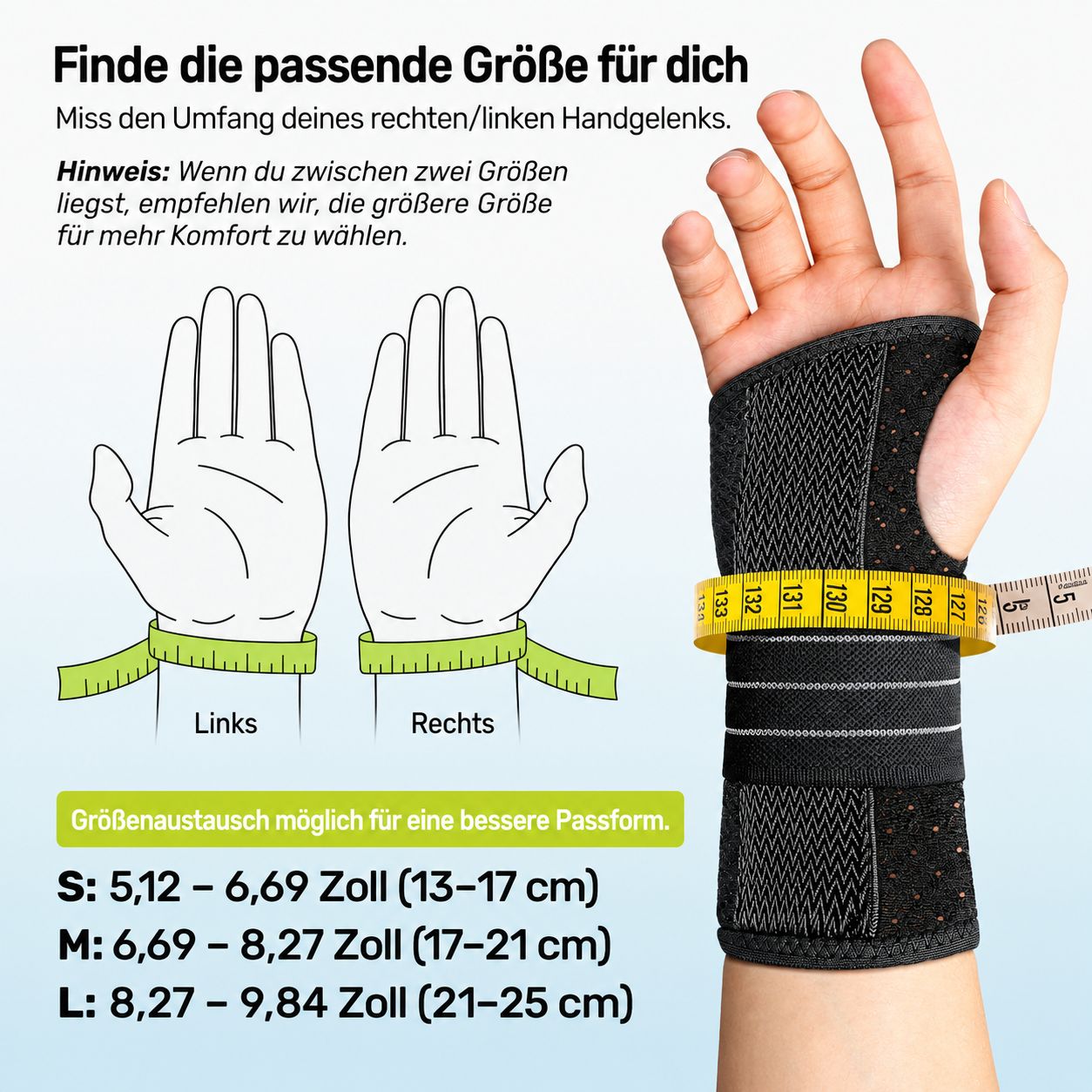 Handgelenkbandage mit Größentabelle und Maßband zur Größenbestimmung.