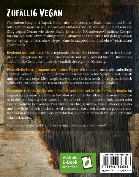 Rückseite des Buches "Zufällig Vegan" mit Text und Logo. ISBN-Nummer und Preisangaben.