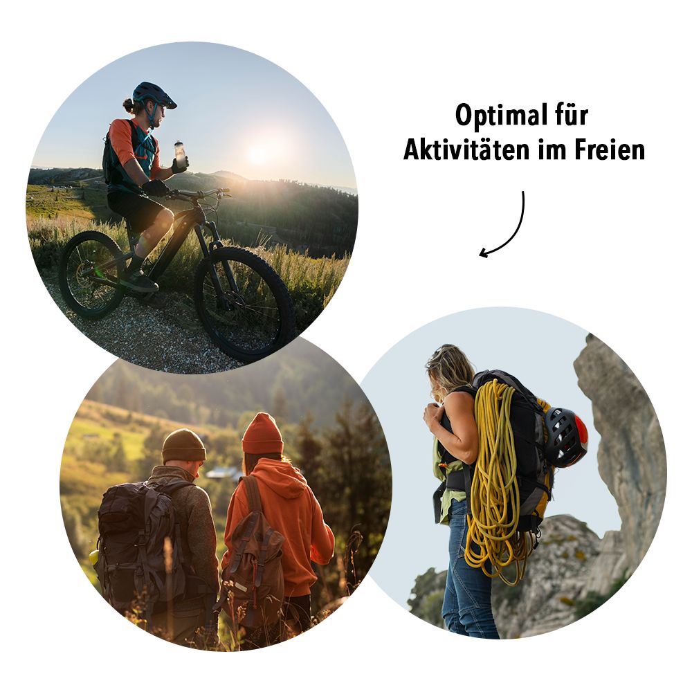 Drei Kreise mit Personen bei Outdoor-Aktivitäten: Radfahren, Wandern, Klettern.