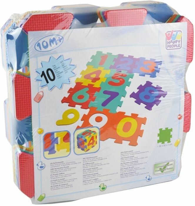 Verpackung Happy People Puzzlematten mit Zahlen. 10 Puzzleteile, Zahlen 0-9. Verpackt in Folie. Aufdruck: 10M+ und Logo.