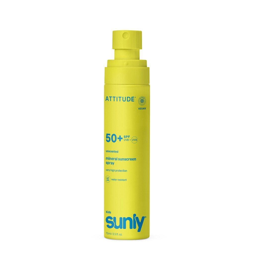 Gelbe Sprühflasche mit Sonnenschutzmittel für Kinder, SPF 50+, ohne Duft.