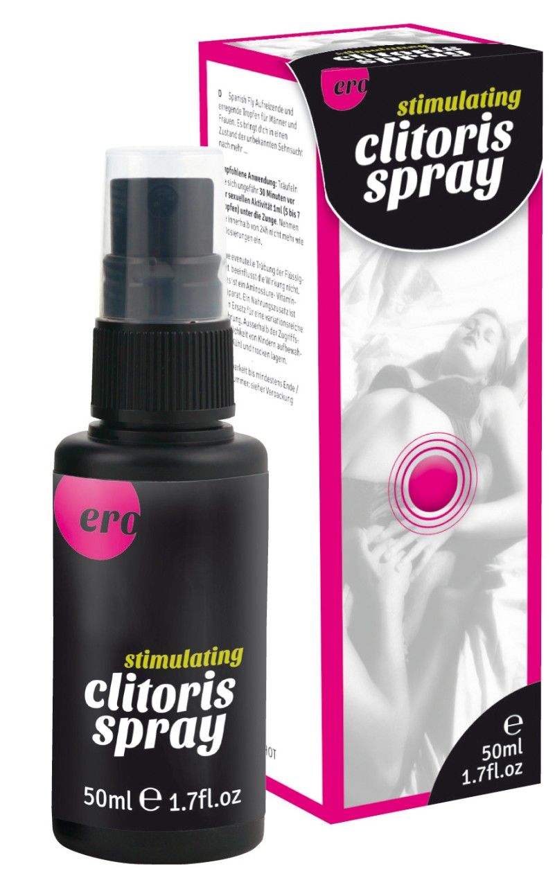 Produkt und Verpackung. Text: stimulating clitoris spray. 50ml. Pinkes Logo. Frau im Hintergrund. Sprühflasche.