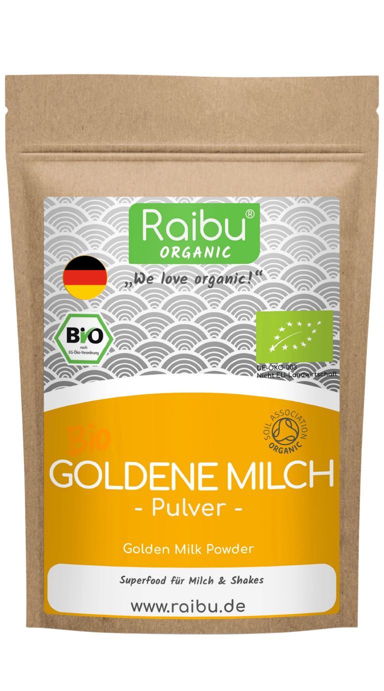 Beutel mit Aufdruck. Aufschrift: Goldene Milch Pulver. BIO-Siegel und Raibu-Logo.