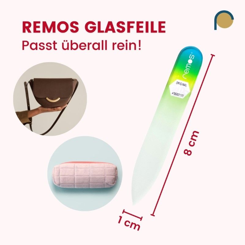 Glasnagelfeile, 8 cm lang, 1 cm breit. Marke: remos. Passt überall rein!