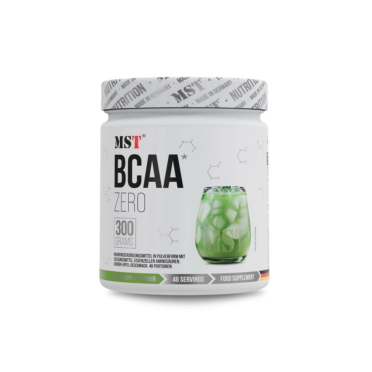 Weißes Behältnis mit schwarzer Aufschrift MST BCAA Zero. Ein Getränk mit Eiswürfeln ist abgebildet. 300 Gramm, 45 Portionen.