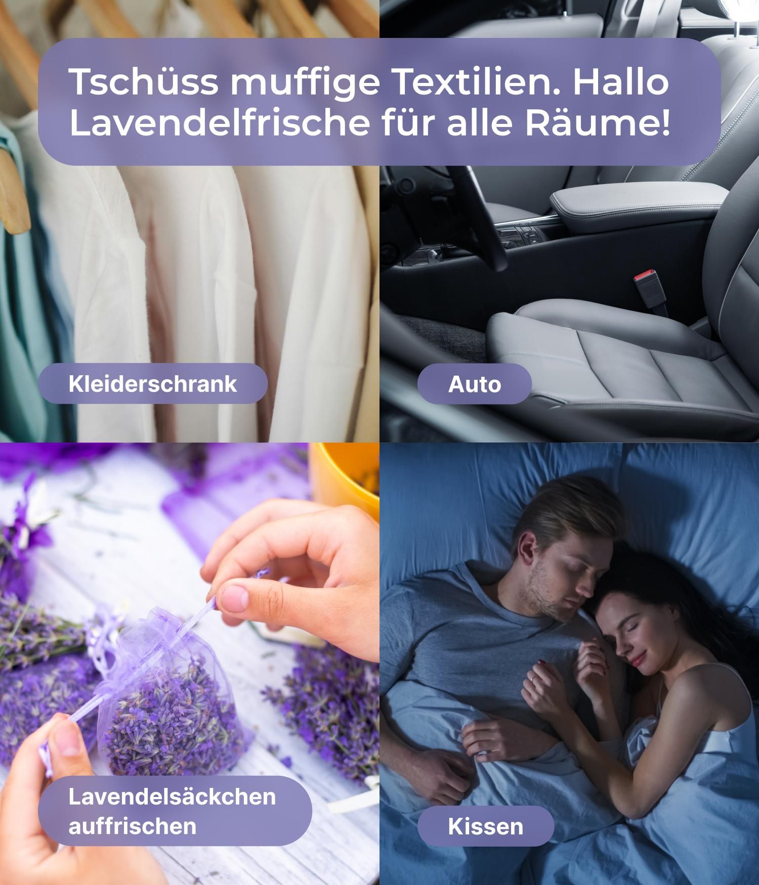 Collage mit Kleiderschrank, Auto, Lavendelsäckchen und Kissen. Text: Lavendelfrische für alle Räume!