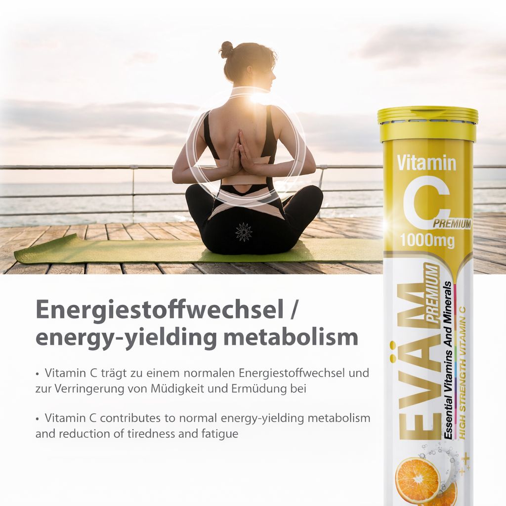 Eine gelbe Tube EVÄM Vitamin C 1000mg Brausetabletten. Aufschrift: Vitamin C, 1000mg, Premium. Frau macht Yoga. Text: Energiestoffwechsel.