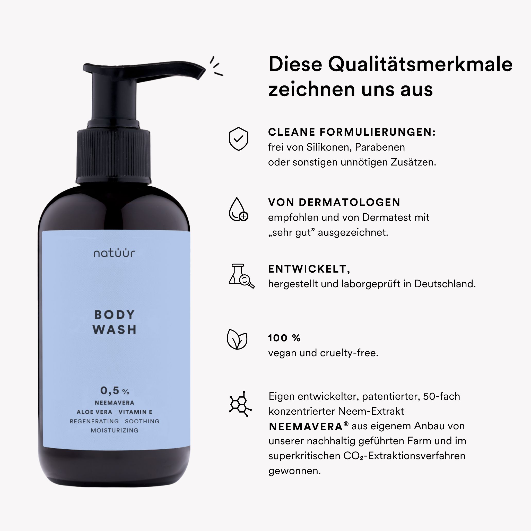 Dunkle Flasche mit schwarzem Pumpverschluss. Text: Cleane Formulierungen, von Dermatologen empfohlen, vegan, cruelty-free.