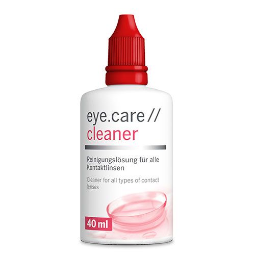 Weiße Flasche mit rotem Verschluss. Text: eye.care // cleaner, Reinigungsflüssigkeit für Kontaktlinsen, 40 ml.