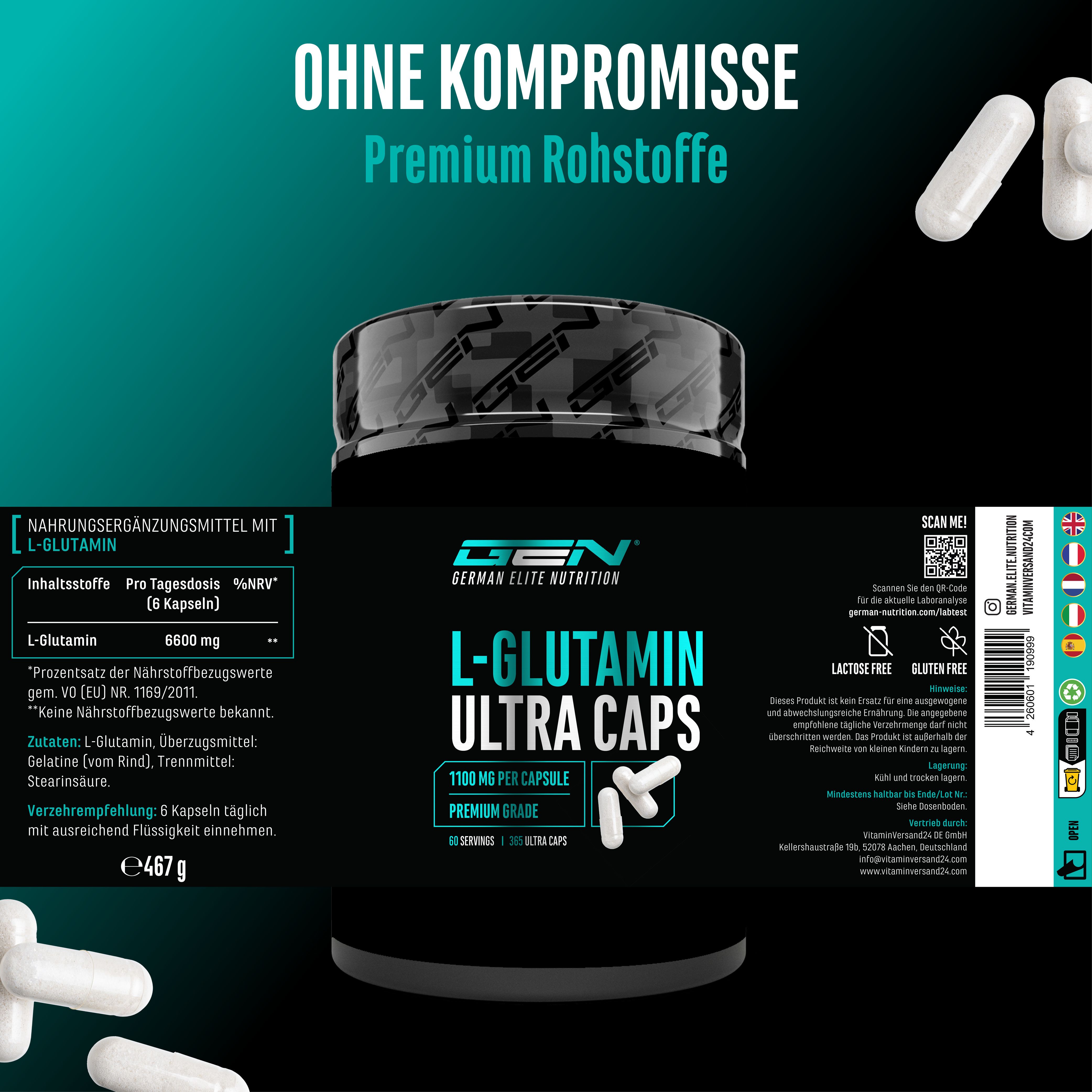 Dose mit L-GLUTAMIN ULTRA CAPS. Text: GEN German Elite Nutrition, 1100 mg pro Kapsel, Premium Grade. Inhaltsstoffe, Verzehrempfehlung, Gewicht.