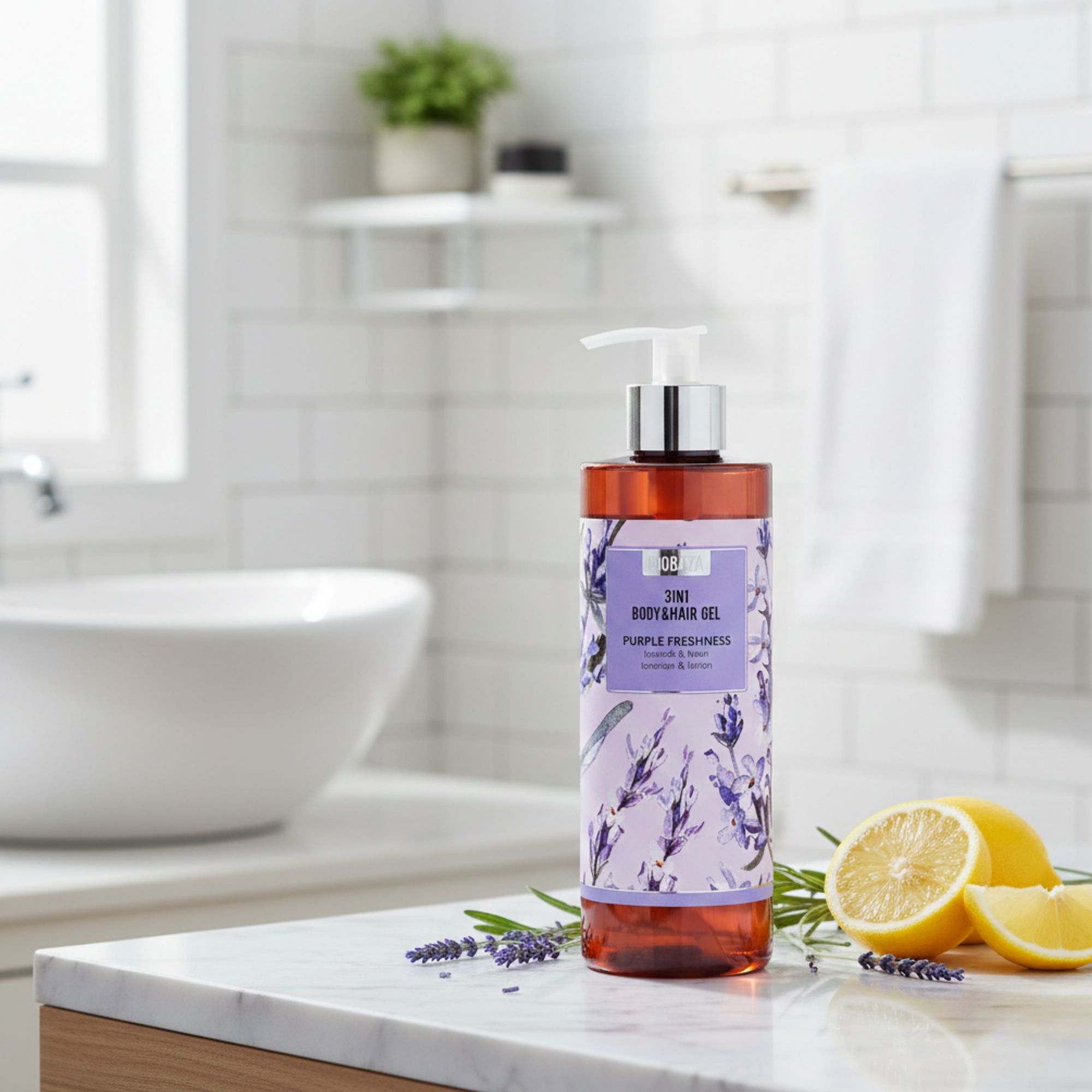 Braune Flasche mit Pumpe. Etikett mit Produktnamen und Lavendel-Design. Auf einer weißen Oberfläche, neben Zitronen und Lavendel.