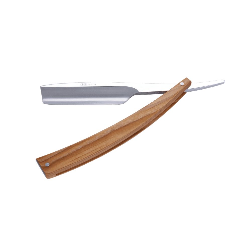 Rasiermesser mit Holzgriff und polierter Stahlklinge.