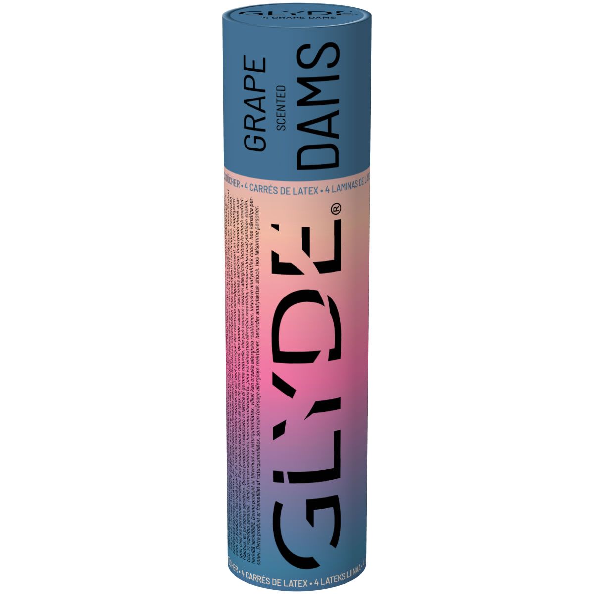 Zylindrische Verpackung mit Aufschrift GLYDE DAMS, Traube, 4 Latex-Quadrate. Farbverlauf von Blau zu Rosa.