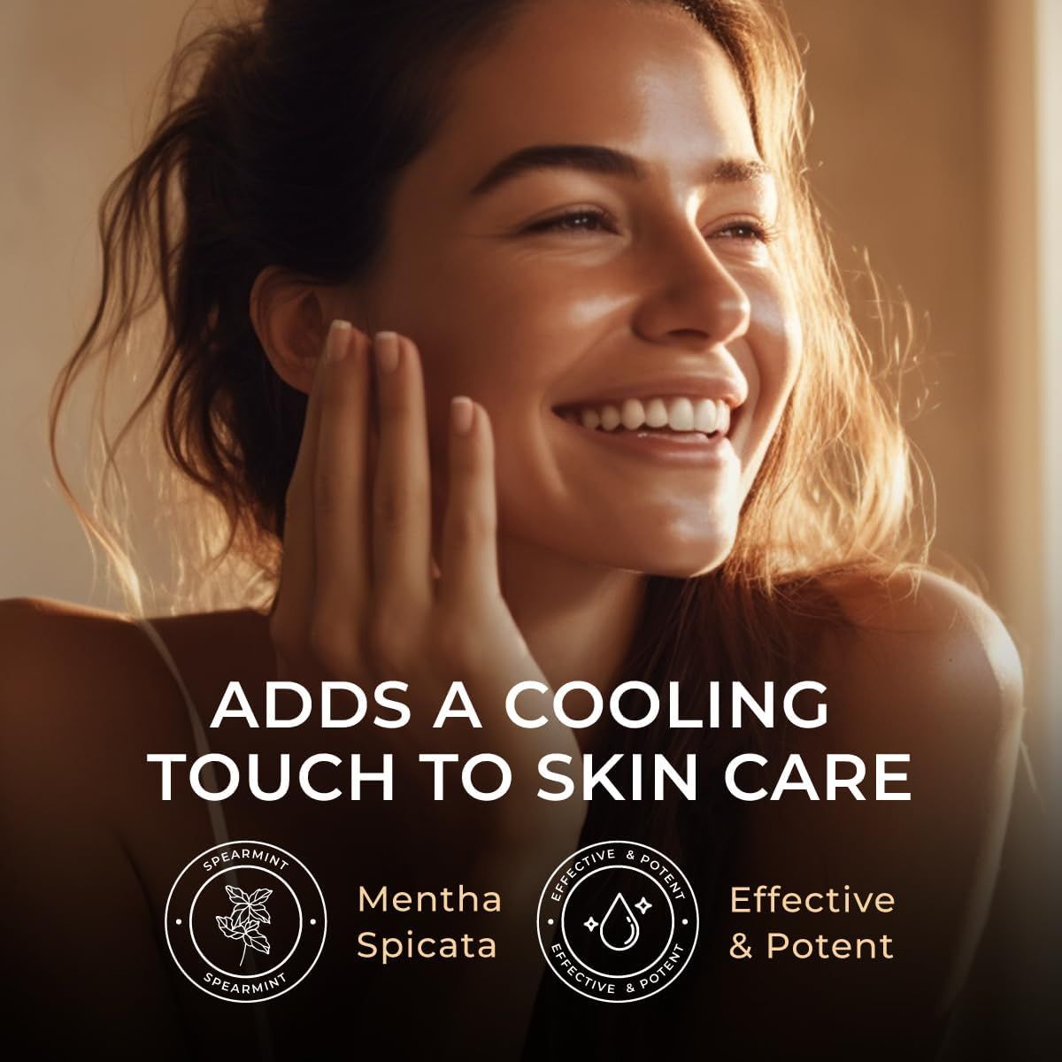 Frau mit glänzender Haut. Text: Fügt der Hautpflege eine kühlende Note hinzu. Spearmint-Symbol, Mentha Spicata, wirksam & potent.
