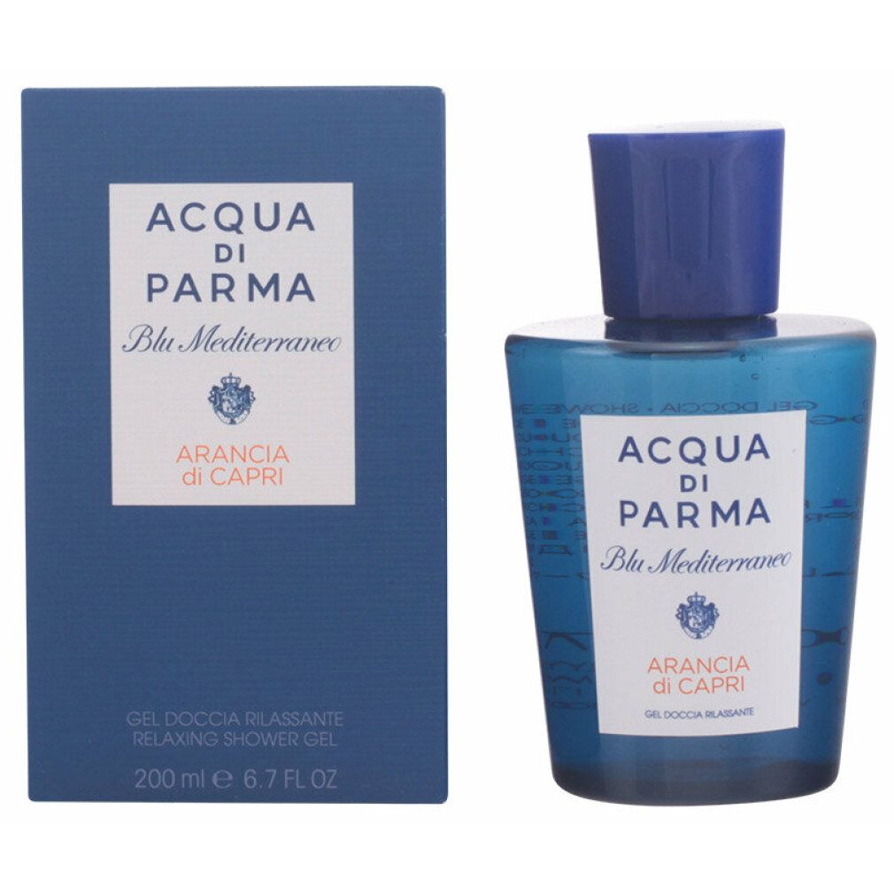 Blaues Duschgel und Schachtel. Aufschrift: Acqua di Parma Blu Mediterraneo Arancia di Capri. Gel Doccia Rilassante.