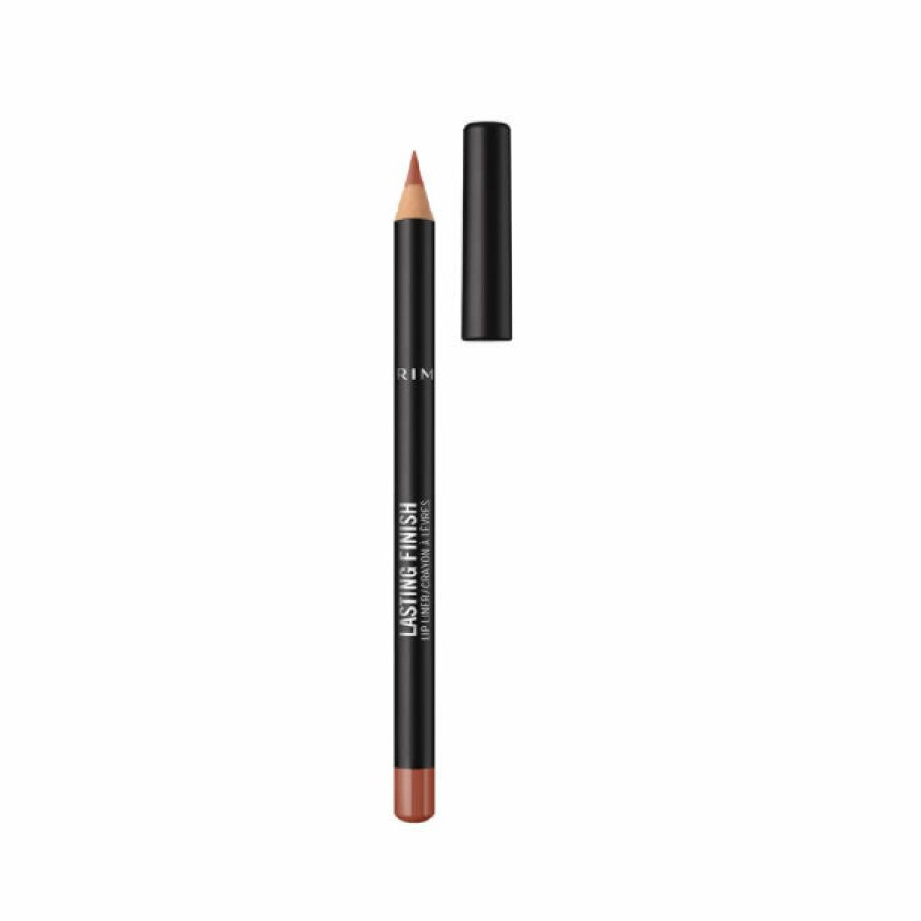 Lipliner Rimmel London Lasting Finish. Schwarzer Stift mit brauner Mine und abgenommener Kappe. Text: Lasting Finish, Lip Liner/Crayon à Lèvres.