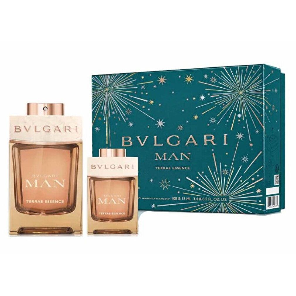 Geschenkset mit zwei Parfümflakons. Aufschrift: BVLGARI MAN TERRAE ESSENCE. Verpackung mit Sternen.