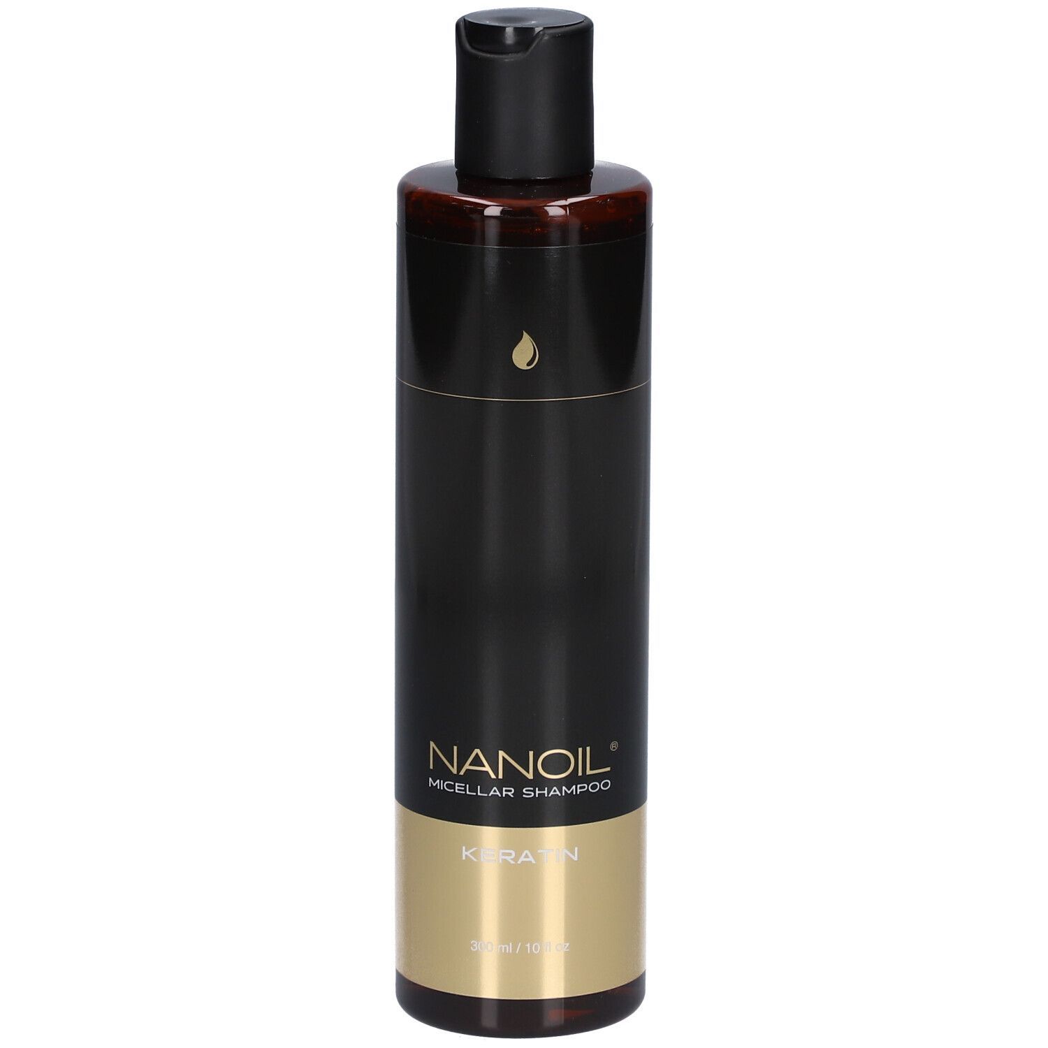 Schwarze Flasche mit goldener Banderole, Nanoil Micellar Shampoo Keratin, 300ml.