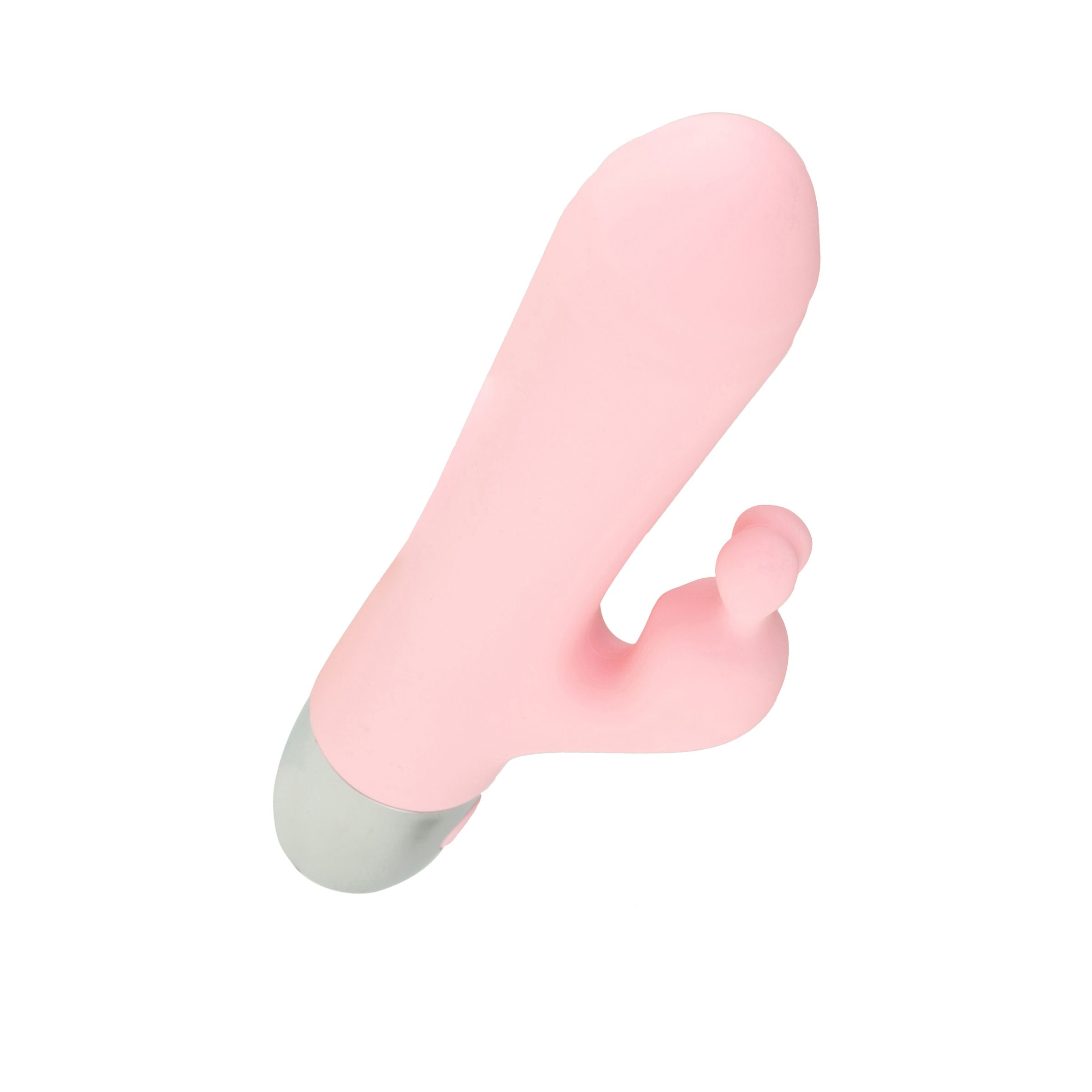 Rosa Vibrator mit gebogener Form, Aufsatz und abgerundeter Spitze. Grauer Bereich am unteren Ende. Aus weichem Material.