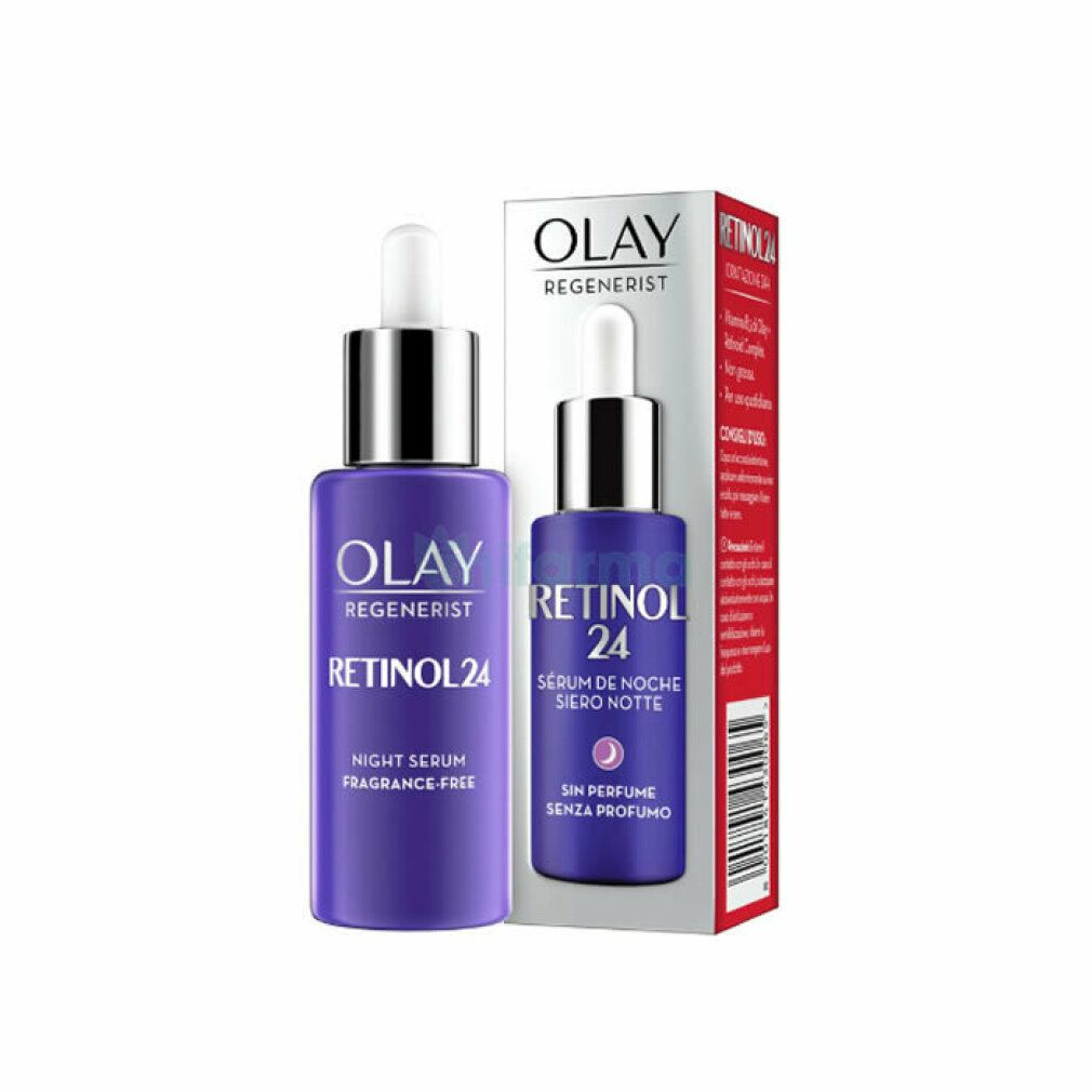 Violette Serumflasche und Schachtel. Olay Regenerist, Retinol 24. Aufschrift: Night Serum, Fragrance-Free. Schachtel mit Produktabbildung und Text.