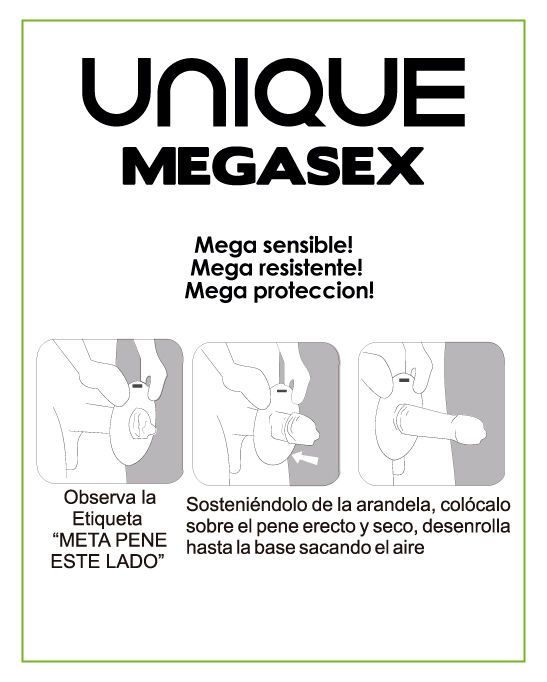 Produktabbildung mit Text: UNIQUE MEGASEX. Illustrationen zur Anwendung. Text in Spanisch: Mega sensible!, Mega resistente!, Mega protección!