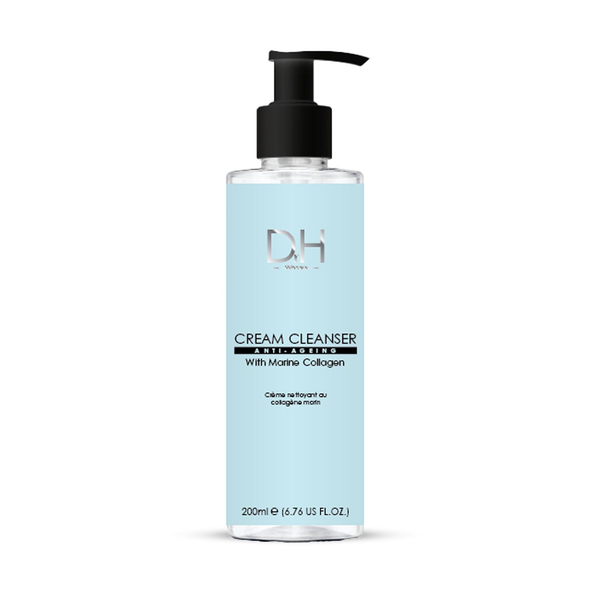 Eine Flasche Dr. H Cream Cleanser mit schwarzer Pumpe. Aufschrift: Anti-Aging, Marine Collagen. Hellblaue Flasche mit weißer Schrift.