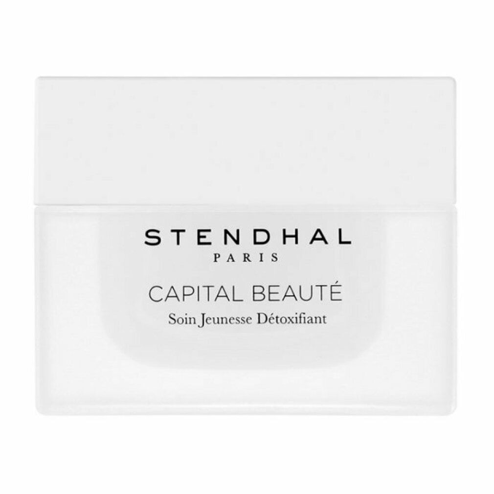 Weißer Tiegel mit Deckel. Aufschrift: STENDHAL PARIS, CAPITAL BEAUTÉ, Soin Jeunesse Détoxifiant.