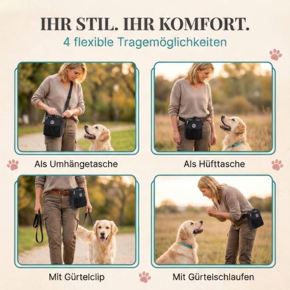 Vier Bilder zeigen den Leckerlibeutel als Umhänge-, Hüfttasche, mit Gürtelclip und Gürtelschlaufen. Hunde sind dabei.
