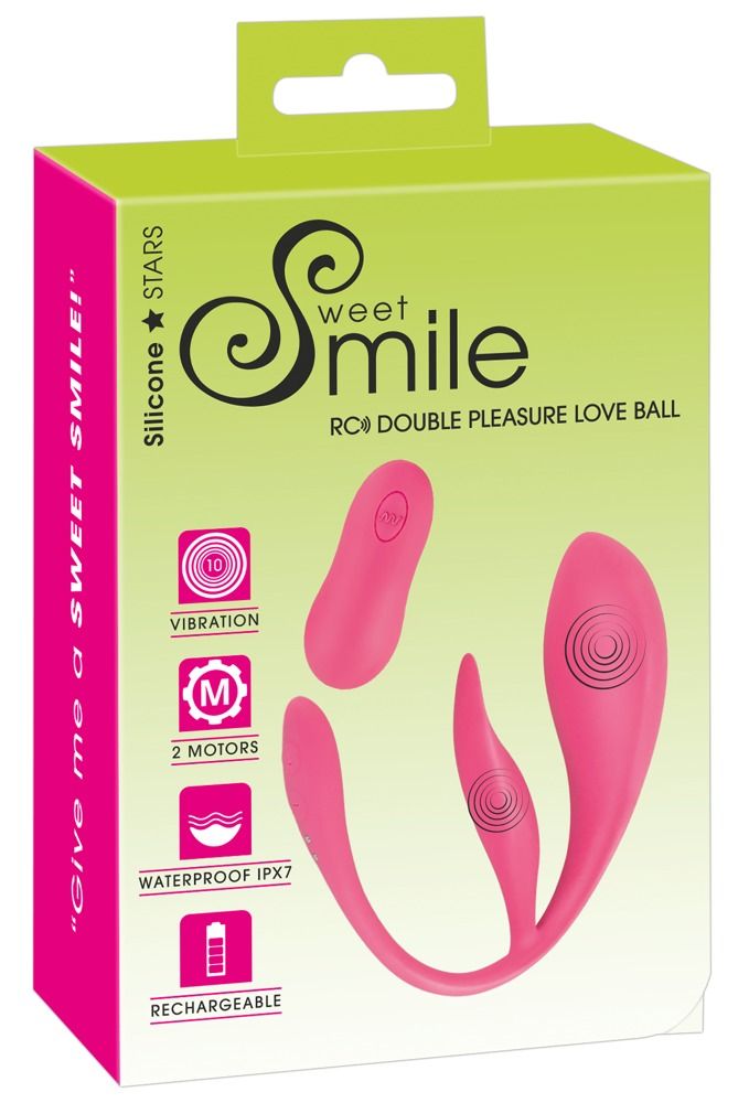 Verpackung für Sweet Smile RC Double Pleasure Love Ball. Enthält Produktabbildung, Produktname, Logos und Icons für Funktionen.