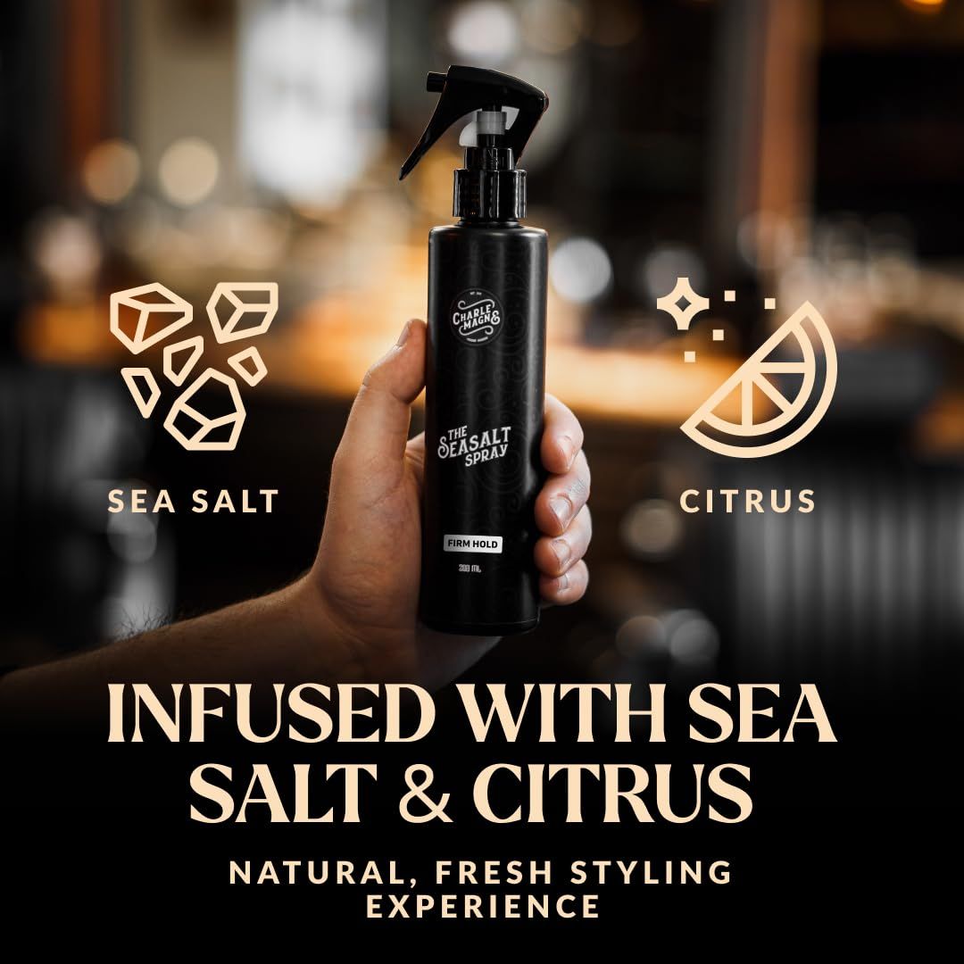 Flasche Charles Magnus The Seasalt Spray, angereichert mit Meersalz und Zitrone für frisches Styling.