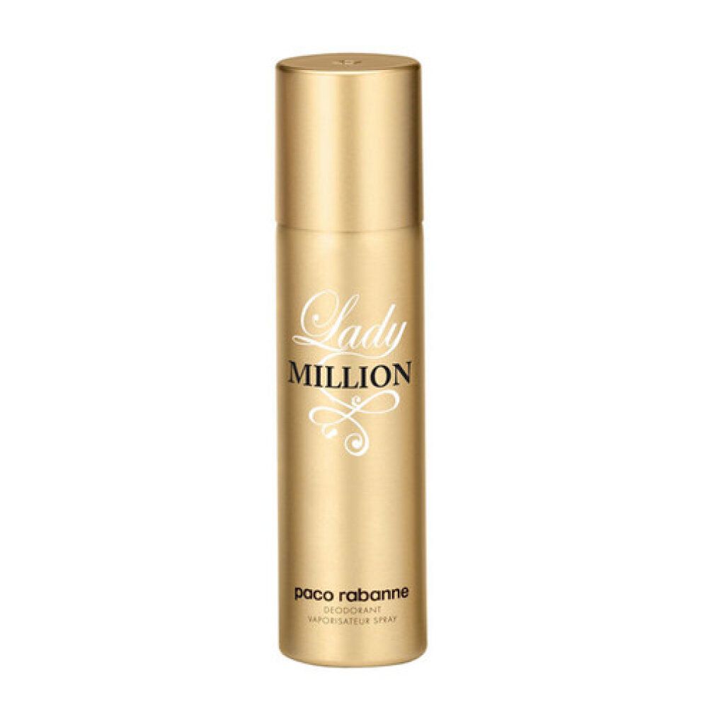 Goldfarbene Deodorant-Spraydose von Paco Rabanne Lady Million. Mit weißem Schriftzug Lady Million und Paco Rabanne.