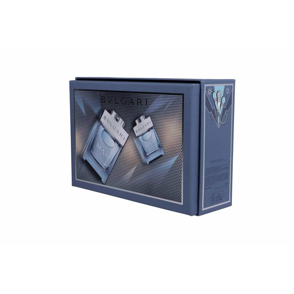 Blaues Geschenkset mit zwei Flakons. Auf der Verpackung steht "BVLGARI MAN".