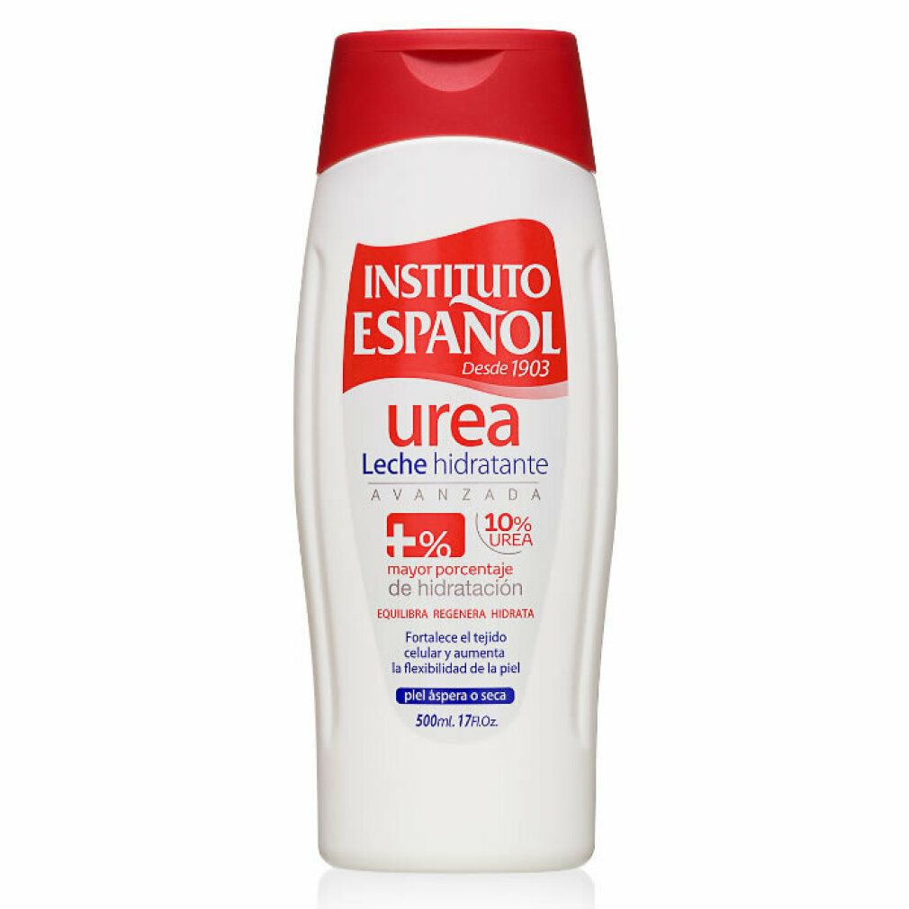 Weiße Flasche mit rotem Deckel. Aufschrift Instituto Español Urea. Leche hidratante. 10% Urea. Für trockene Haut.