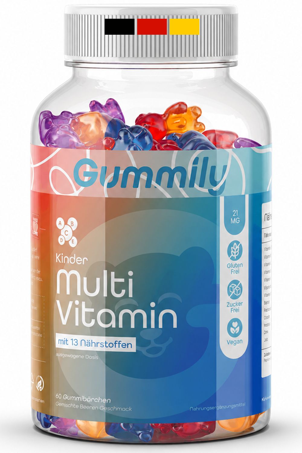 Gummily Kinder Multivitamin Flasche mit bunten Gummibärchen und Nährwertangaben.