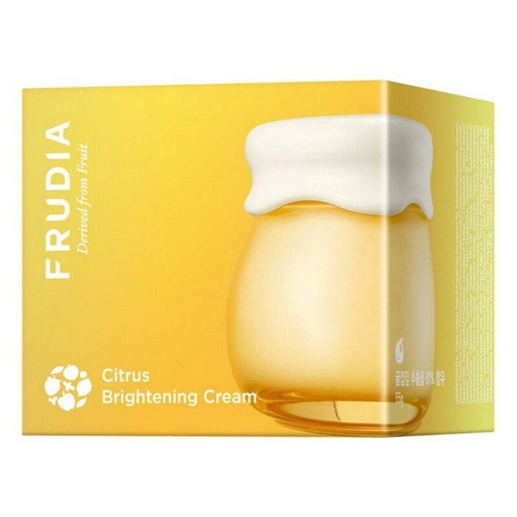 Gelbe Creme in einem Glas mit weißem Deckel in einer gelben Schachtel. Aufschrift: FRUDIA Citrus Brightening Cream.