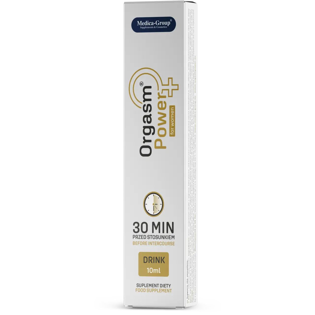 Kartonverpackung mit Produktaufdruck. Text: Orgasm Power for Women, 30 Min. vor dem Geschlechtsverkehr, Drink 10ml.