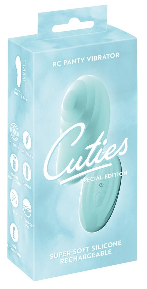Hellblaue Verpackung mit Produkt und Fernbedienung. Text: Cuties, RC Panty Vibrator, Special Edition, Super Soft Silicone Rechargeable.